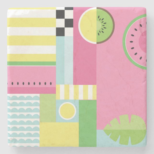 Watermelon, kiwi, summer fun colourful pattern  stone coaster (Front)