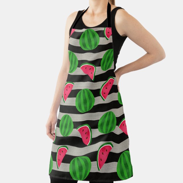 Watermelon Modern Black & White Stripes Apron (Insitu)