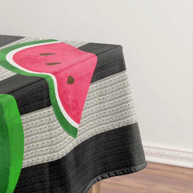 Watermelon Modern Black & White Stripes Tablecloth (In Situ)