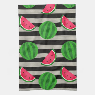 Watermelon Modern Black & White Stripes Tea Towel