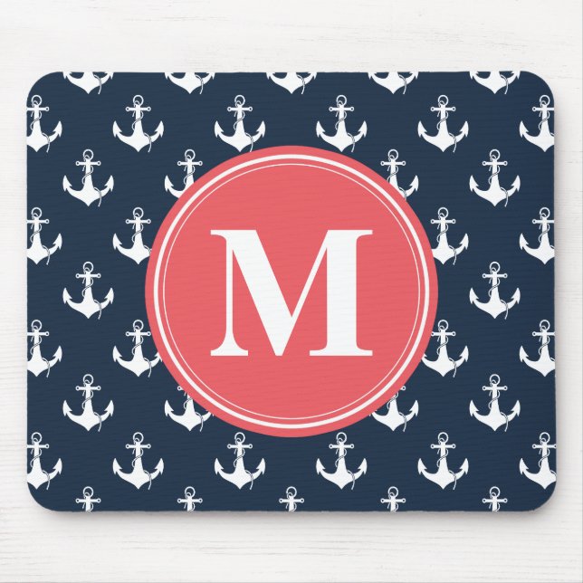 Watermelon Monogrammed Navy Blue Anchor Pattern Mouse Pad (Front)
