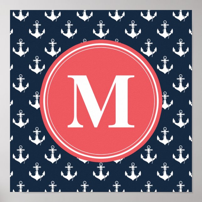 Watermelon Monogrammed Navy Blue Anchor Pattern Poster (Front)