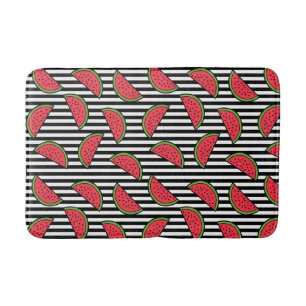 Watermelon on Black & White Stripes Pattern Bath Mat