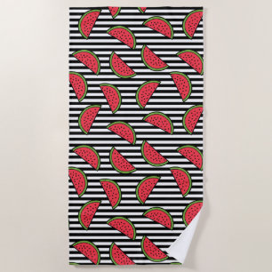 Watermelon on Black & White Stripes Pattern Beach Towel