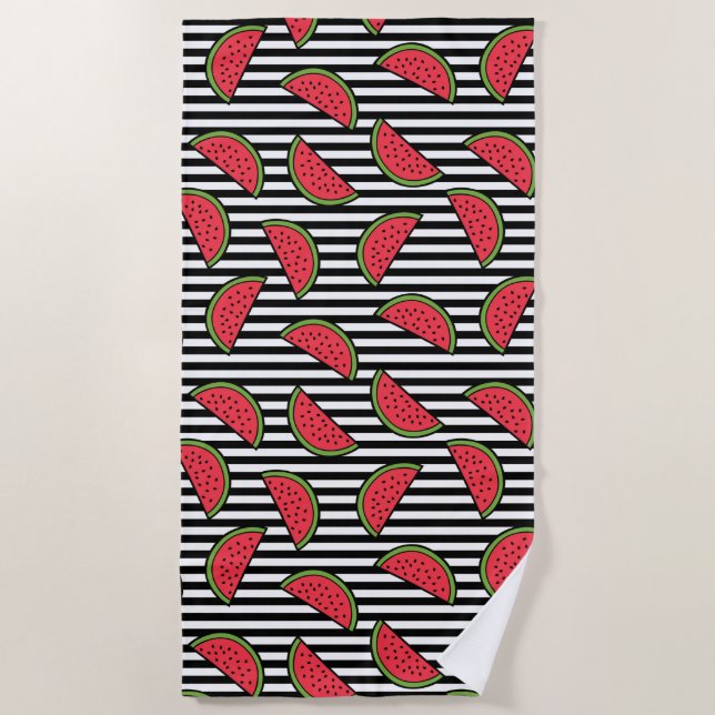 Watermelon on Black & White Stripes Pattern Beach Towel (Front)
