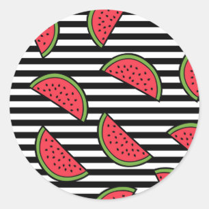 Watermelon on Black & White Stripes Pattern Classic Round Sticker
