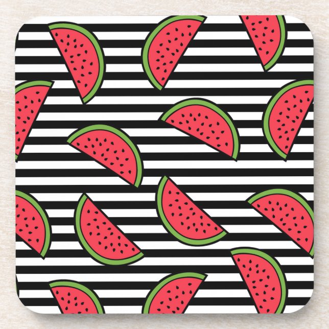 Watermelon on Black & White Stripes Pattern Coaster (Front)