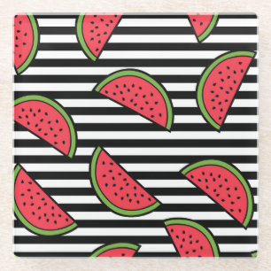 Watermelon on Black & White Stripes Pattern Glass Coaster