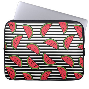 Watermelon on Black & White Stripes Pattern Laptop Sleeve