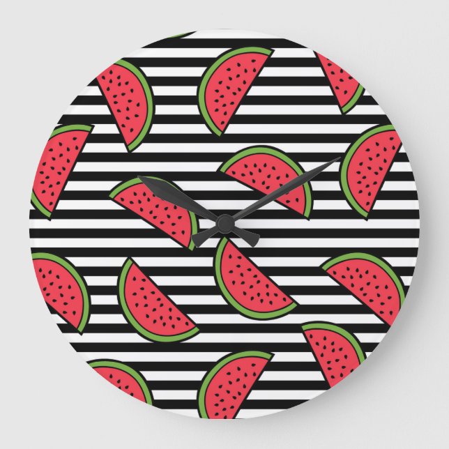 Watermelon on Black & White Stripes Pattern Large Clock (Front)