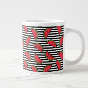Watermelon on Black & White Stripes Pattern Large Coffee Mug