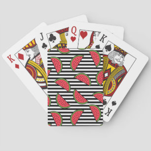 Watermelon on Black & White Stripes Pattern Playing Cards