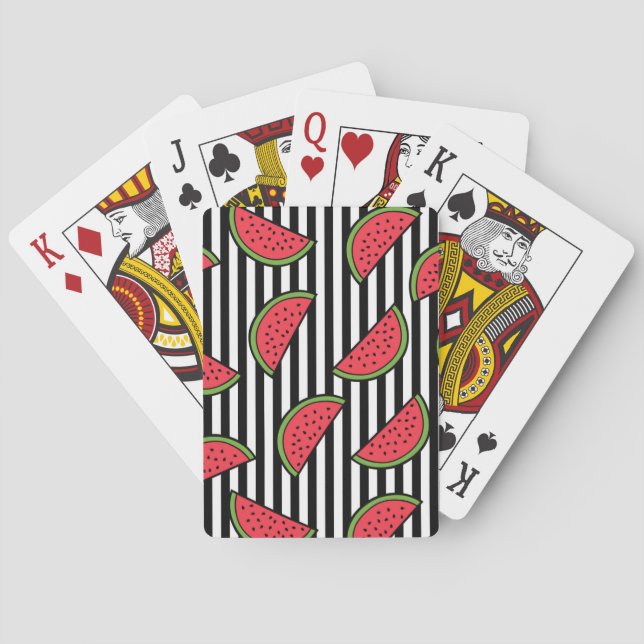 Watermelon on Black & White Stripes Pattern Playing Cards (Back)