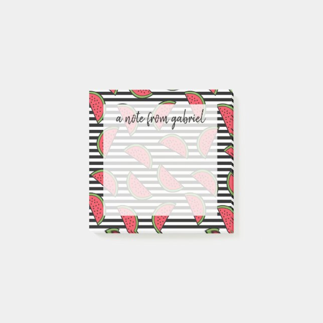 Watermelon on Black & White Stripes Pattern Post-it Notes (Front)
