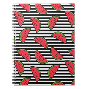 Watermelon on Black & White Stripes Pattern Spiral Notebook
