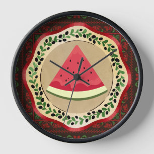 watermelon on olive plate with Palestinian tatreez Clock