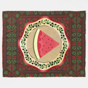 watermelon on olive plate with Palestinian tatreez Fleece Blanket