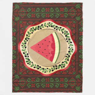 watermelon on olive plate with Palestinian tatreez Fleece Blanket