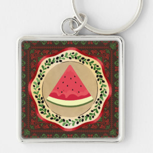 watermelon on olive plate with Palestinian tatreez Key Ring