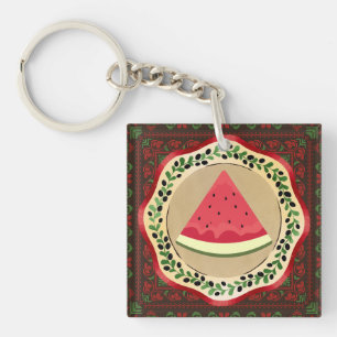 watermelon on olive plate with Palestinian tatreez Key Ring