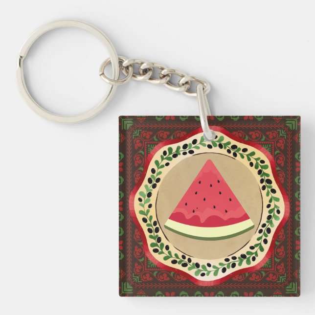 watermelon on olive plate with Palestinian tatreez Key Ring (Front)