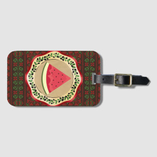 watermelon on olive plate with Palestinian tatreez Luggage Tag