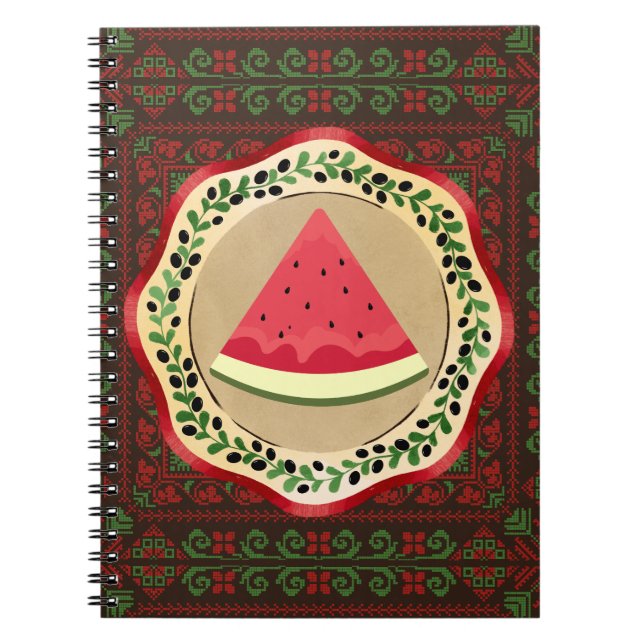 watermelon on olive plate with Palestinian tatreez Notebook (Front)