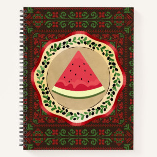 watermelon on olive plate with Palestinian tatreez Notebook