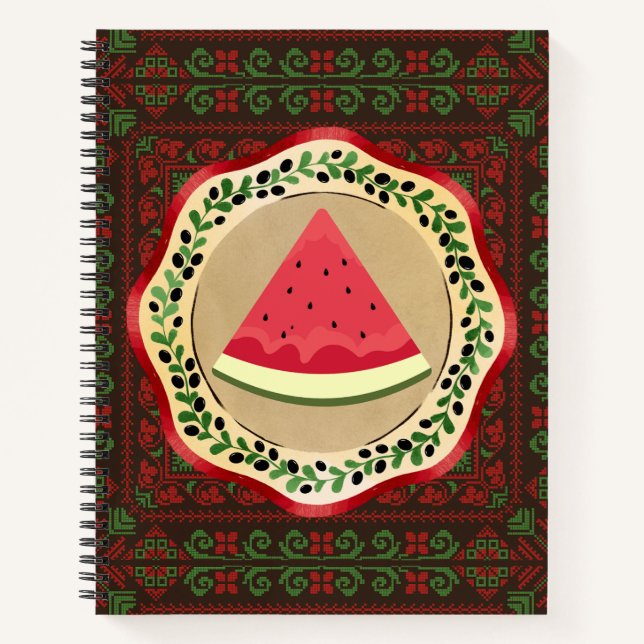 watermelon on olive plate with Palestinian tatreez Notebook (Front)