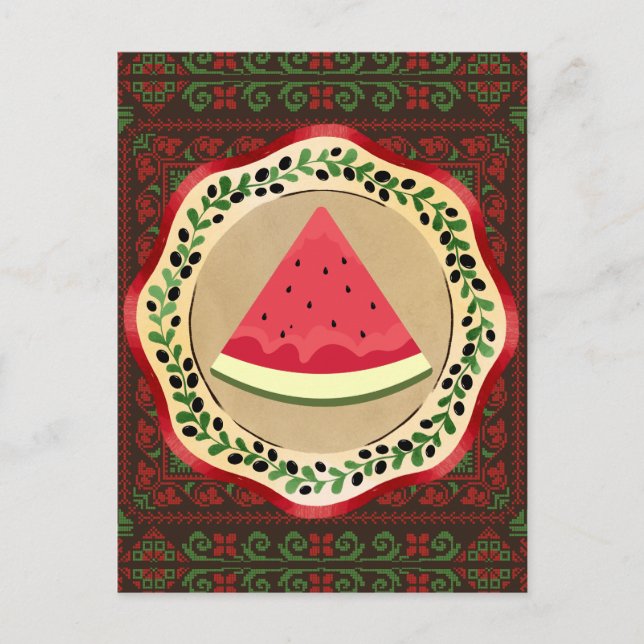 watermelon on olive plate with Palestinian tatreez Postcard (Front)