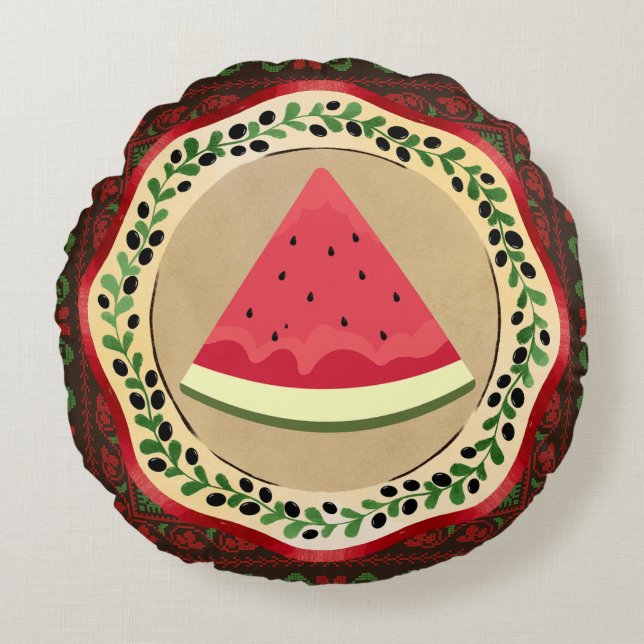 watermelon on olive plate with Palestinian tatreez Round Cushion (Front)