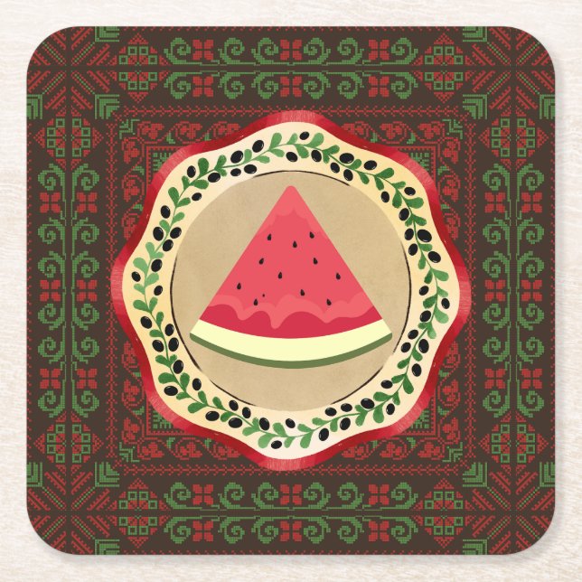 watermelon on olive plate with Palestinian tatreez Square Paper Coaster (Front)