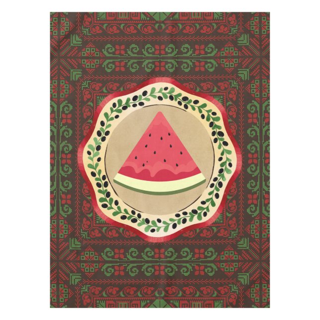 watermelon on olive plate with Palestinian tatreez Tablecloth (Front)
