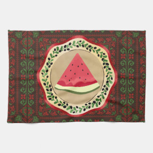 watermelon on olive plate with Palestinian tatreez Tea Towel
