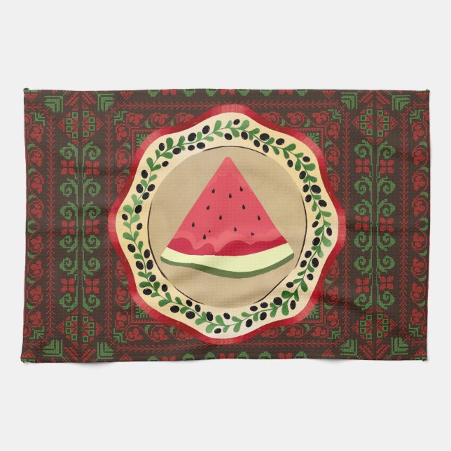 watermelon on olive plate with Palestinian tatreez Tea Towel (Horizontal)