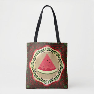 watermelon on olive plate with Palestinian tatreez Tote Bag