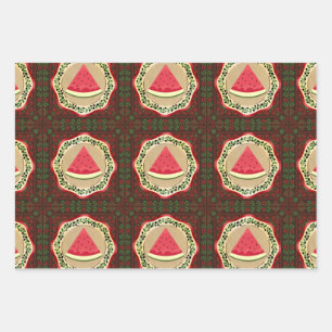 watermelon on olive plate with Palestinian tatreez Wrapping Paper Sheet
