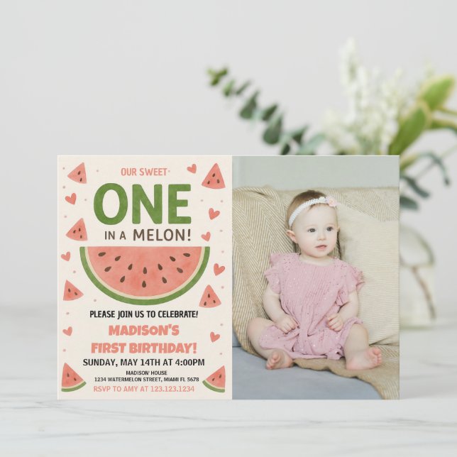 Watermelon “One in a Melon” 1st Birthday Invitation (Standing Front)