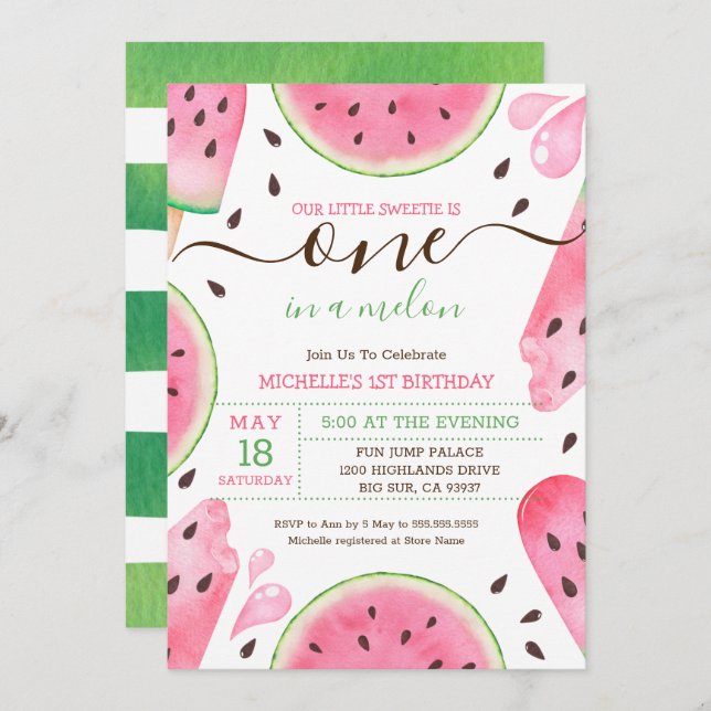Watermelon One In A Melon 1st Birthday Invitation (Front/Back)
