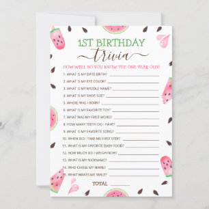 Watermelon One In A Melon 1st Birthday Trivia Game Holiday Card