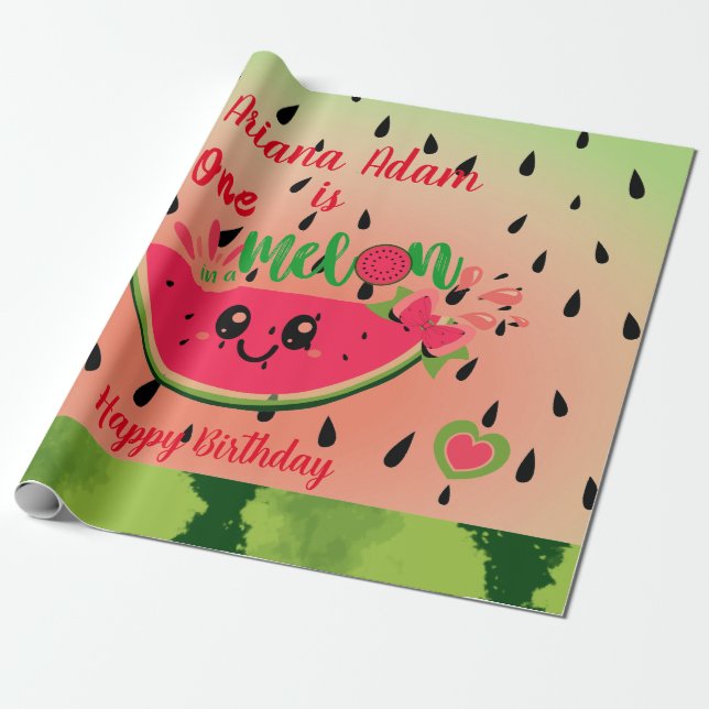 Watermelon One in a Melon Girl's First Birthday  Wrapping Paper (Unrolled)
