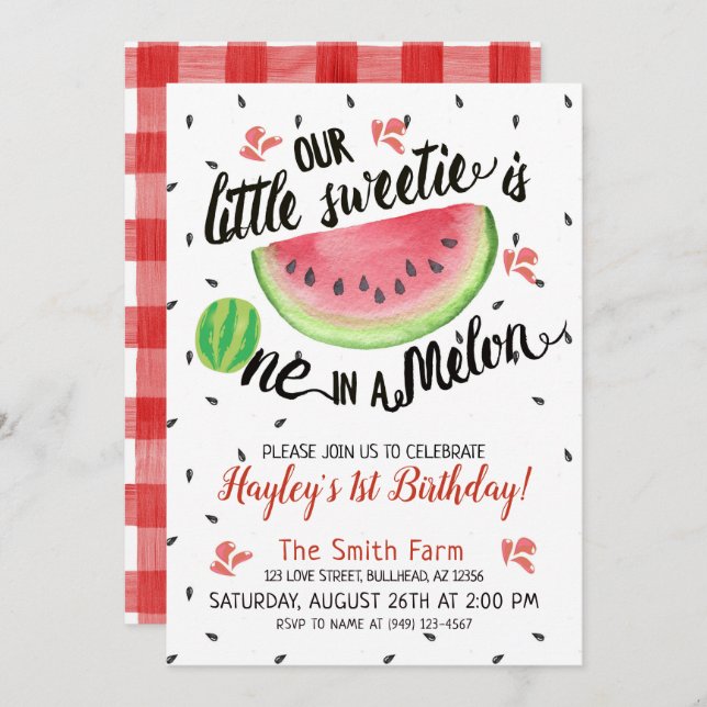  Watermelon ONE in a Melon Watercolor Red Gingham Invitation (Front/Back)