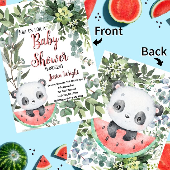 Watermelon Panda Watercolor Baby Shower Invitation (Watermelon Panda Evergreen Jungle Baby Shower Invitations)