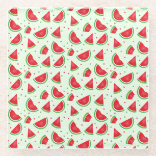 Watermelon Pattern Summertime Light Green Red Glass Coaster