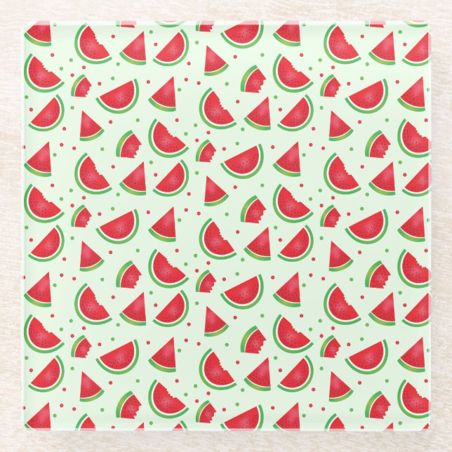 Watermelon Pattern Summertime Light Green Red Glass Coaster (Front)