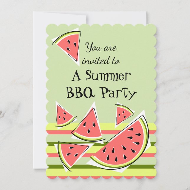 Watermelon Pieces Green Summer BBQ stripe vertical Invitation (Front)