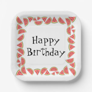 Watermelon Pieces Square Happy Birthday Paper Plate
