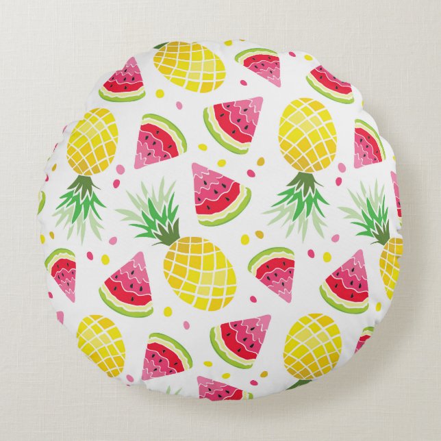 Watermelon Pineapple Summer Seamless Print Round Cushion (Front)
