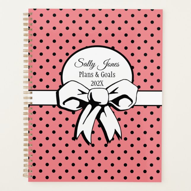 Watermelon Pink Black Dots White Bow Personalised Planner (Front)