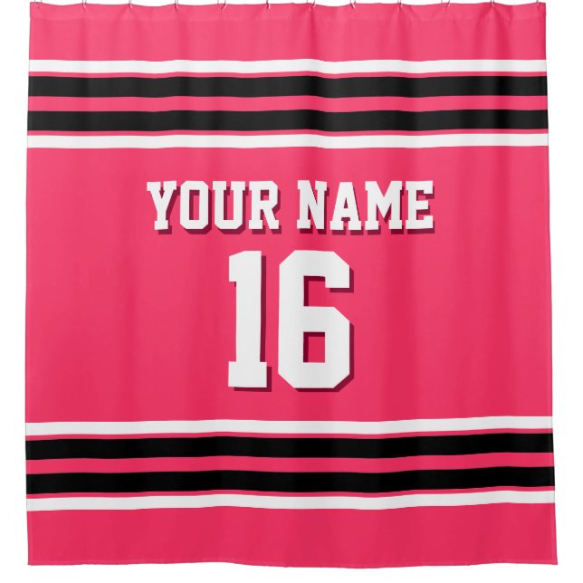 Watermelon Pink Black White Stripes Sports Jersey Shower Curtain (Front)